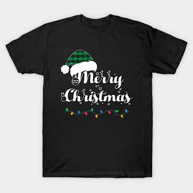 Merry Christmas Lights Santa Hat With Green Plaid Xmas Holiday T-Shirt by Sackun